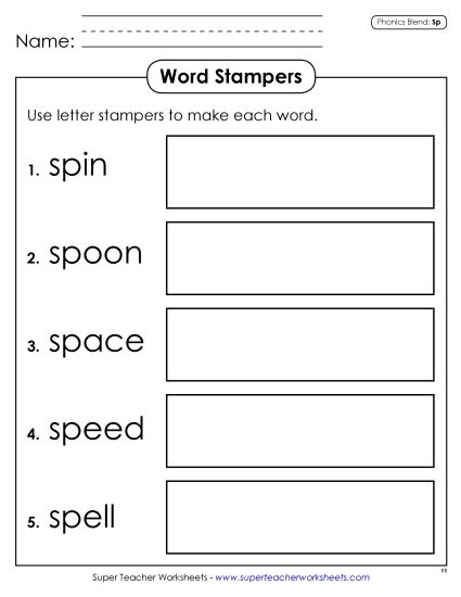Games & Learning Centers - Letter Stampers  (Sp- Words) (Printable PDF Worksheet)
