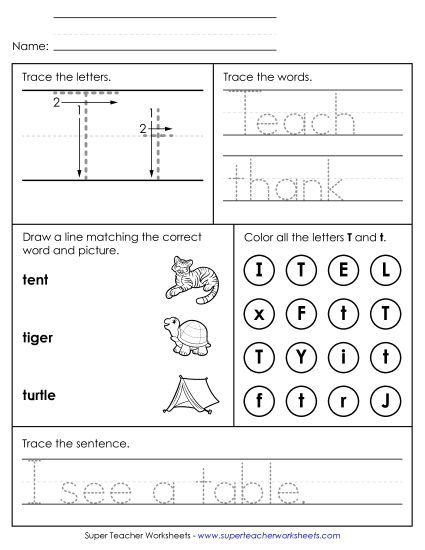 Letter T: Mixed Skills - Letter T - Mixed Skills (Intermediate) (Printable PDF Worksheet)