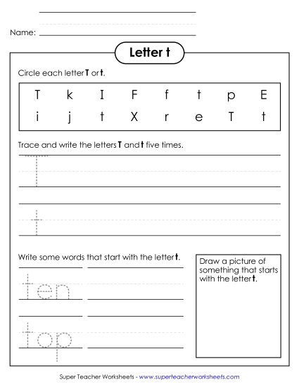 Trace and Print - Letter T t - Printing Practice Sheet (Printable PDF Worksheet)