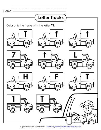Letter Recognition - Letter T t Recognition - Truck (Printable PDF Worksheet)