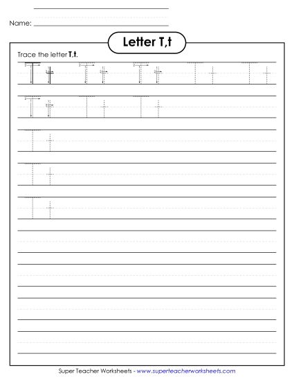 Letter T - Letter T, t - Tracing (Smaller Font Size) (Printable PDF Worksheet)