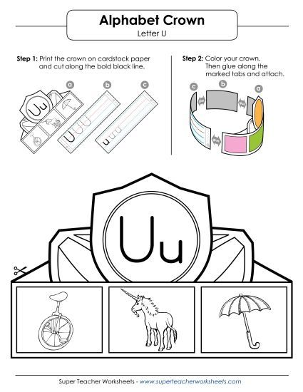 Trace and Print - Letter U - Crown (Printable PDF Worksheet)