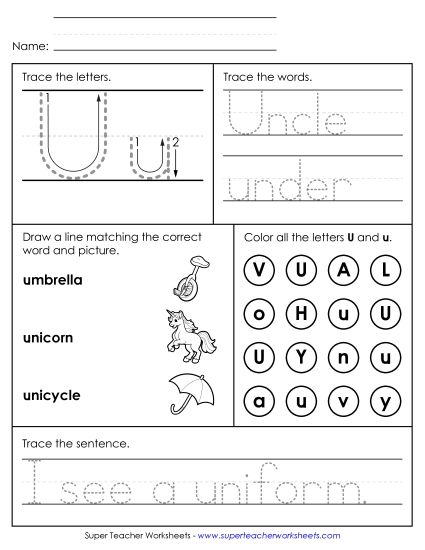 Letter U: Mixed Skills - Letter U - Mixed Skills (Intermediate) (Printable PDF Worksheet)