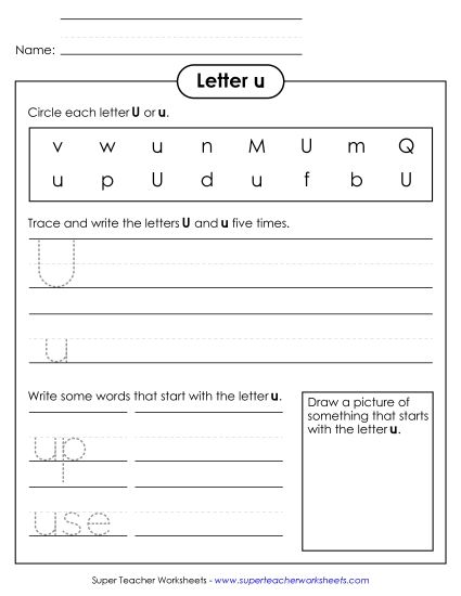 Worksheets - Letter U u - Practice Sheet (Printable PDF Worksheet)