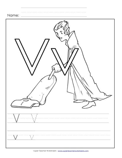 Trace and Print - Letter V - Color and Write (Printable PDF Worksheet)