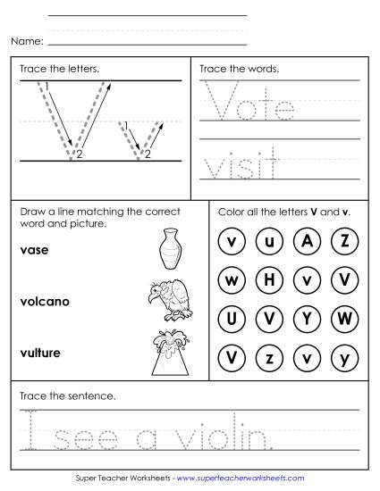 Letter V: Mixed Skills - Letter V - Mixed Skills (Intermediate) (Printable PDF Worksheet)