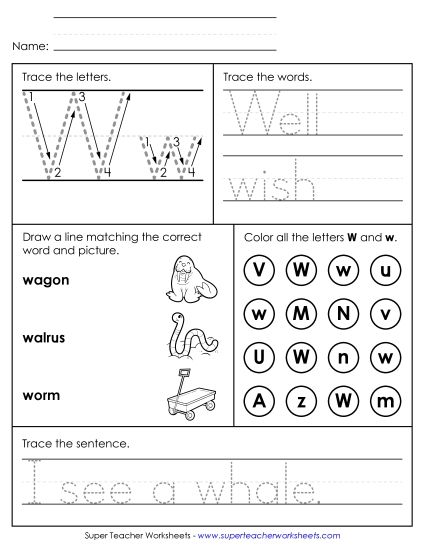 Letter W: Mixed Skills - Letter W - Mixed Skills (Intermediate) (Printable PDF Worksheet)