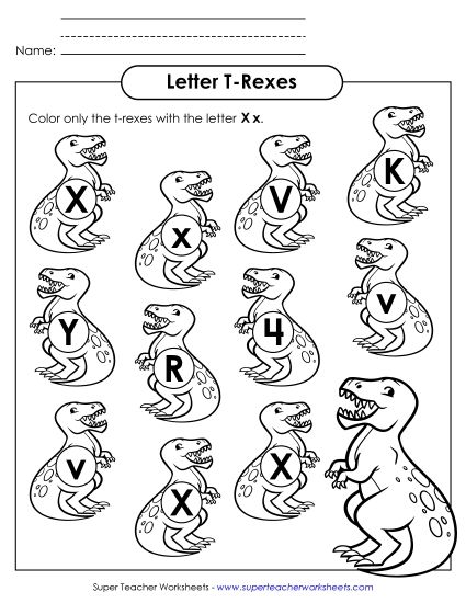 Letter Recognition - Letter X x Recognition - T-Rex (Printable PDF Worksheet)