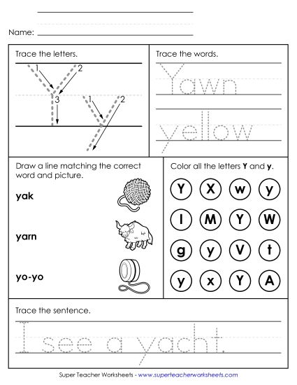Letter Y: Mixed Skills - Letter Y - Mixed Skills (Intermediate) (Printable PDF Worksheet)