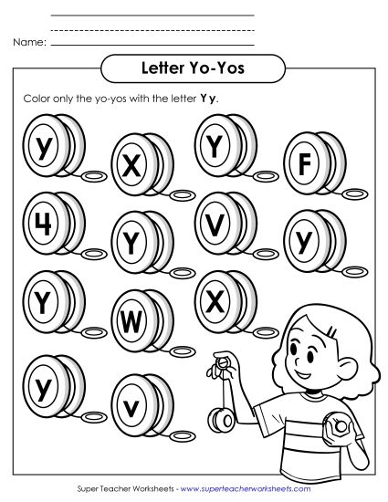 Letter Recognition - Letter Y y Recognition - Yo-yo (Printable PDF Worksheet)