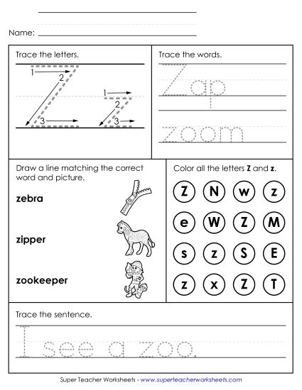 Letter Z: Mixed Skills - Letter Z - Mixed Skills (Intermediate) (Printable PDF Worksheet)