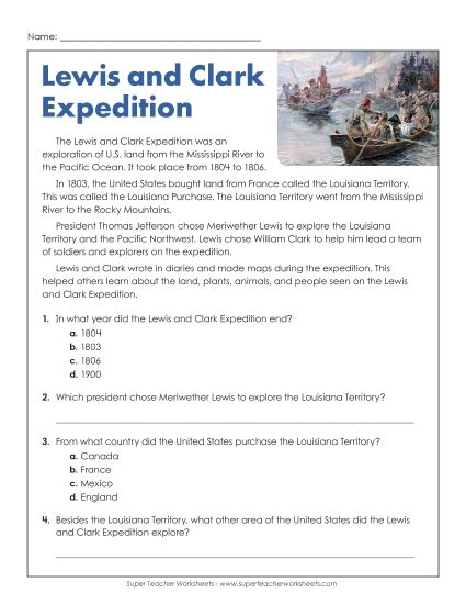 Reading Comprehension - Lewis and Clark Expedition (Short Article) (Printable PDF Worksheet)