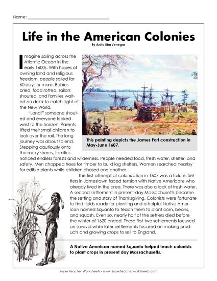 Nonfiction Articles - Life in the American Colonies (Printable PDF Worksheet)