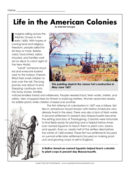Poems and Reading Comprehension - Life in the American Colonies Passage (Printable PDF Worksheet)