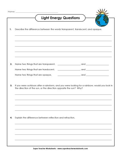 Light - Light Energy Questions (Printable PDF Worksheet)