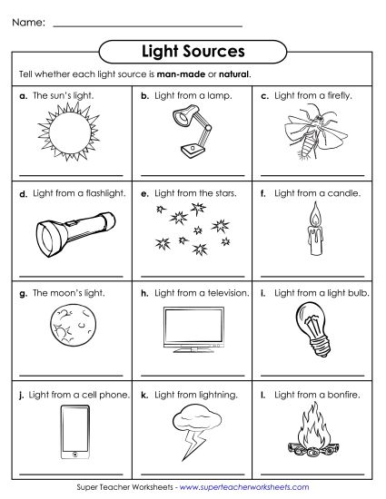 Light - Light Sources Man-Made vs Natural (Printable PDF Worksheet)