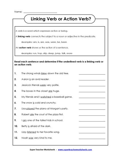 Linking Verbs - Linking Verbs versus Action Verbs 2 (Printable PDF Worksheet)
