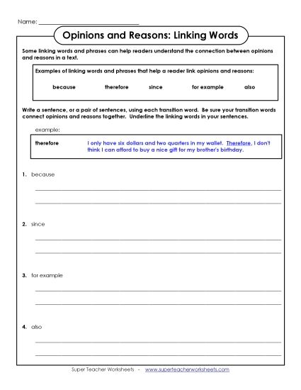 Opinions & Reasons: Linking Words - Linking Words: Opinion & Reasons (Printable PDF Worksheet)