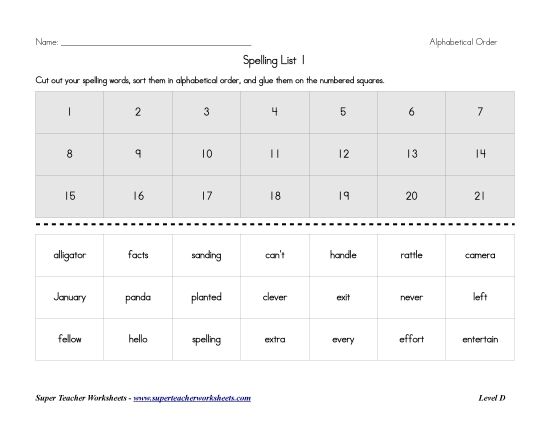 List D-1 - List 1:  ABC Order (Printable PDF Worksheet)