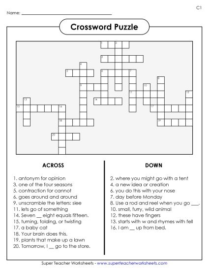 List C-1 - List 1:  Crossword Puzzle (Printable PDF Worksheet)