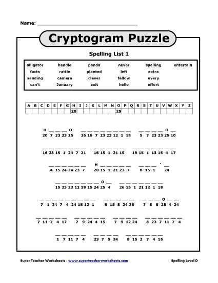List D-1 - List 1: Cryptogram Puzzle (Printable PDF Worksheet)