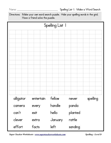 List D-1 - List 1: Make a Word Search (Printable PDF Worksheet)
