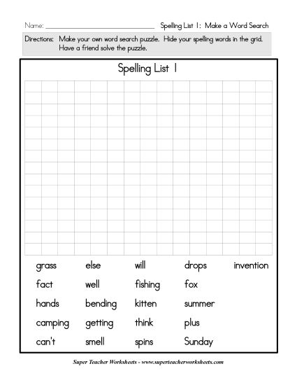 List C-1 - List 1:  Make a Word Search Grid (Printable PDF Worksheet)