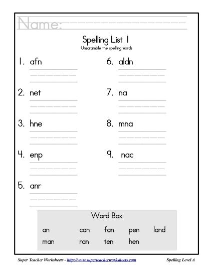 List A-1 - List 1: Word Scramble (Printable PDF Worksheet)