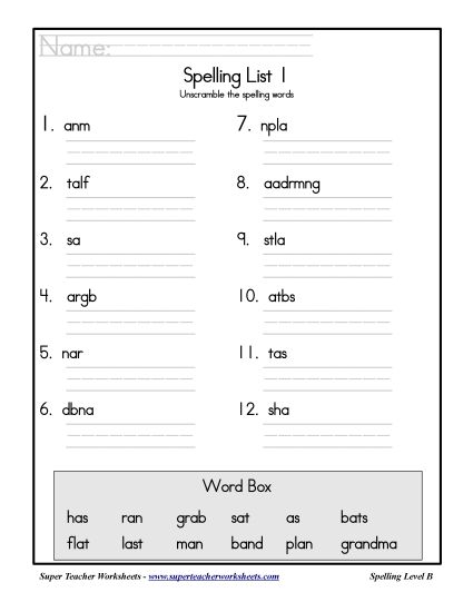 List B-1 - List 1: Word Scramble (Printable PDF Worksheet)