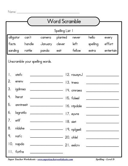 List D-1 - List 1: Word Scramble (Printable PDF Worksheet)