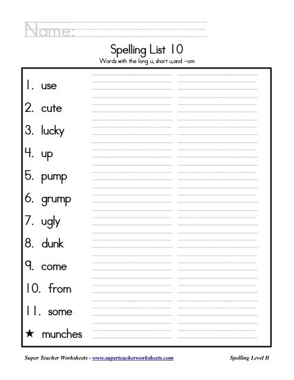 List B-10 - List 10: Word List (Printable PDF Worksheet)