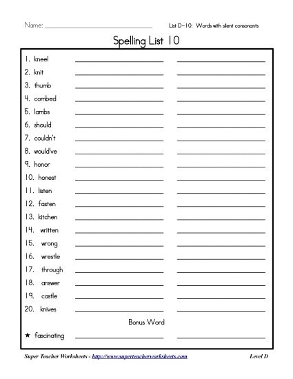 List D-10 - List 10: Word List (Printable PDF Worksheet)