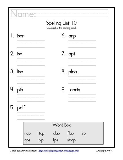 List A-10 - List 10: Word Scramble (Printable PDF Worksheet)