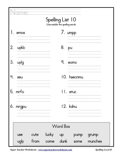 List B-10 - List 10: Word Scramble (Printable PDF Worksheet)