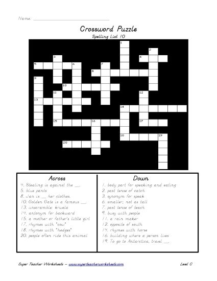 List C-10 - List 10:&nbsp; Crossword Puzzle (Printable PDF Worksheet)