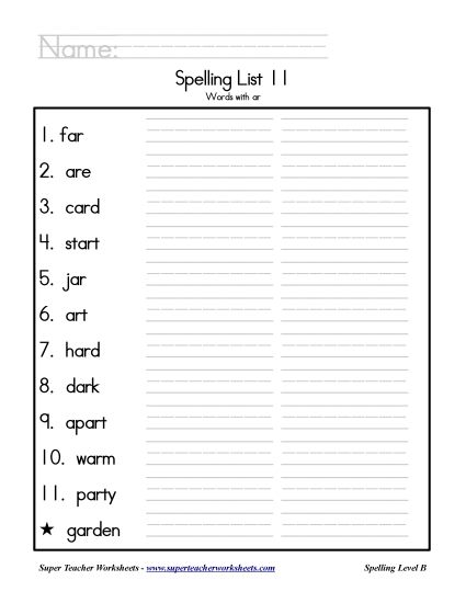 List B-11 - List 11: Word List (Printable PDF Worksheet)