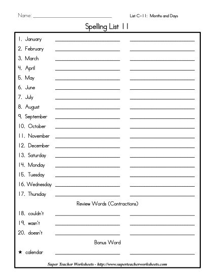 List C-11 - List 11: Word List (Printable PDF Worksheet)