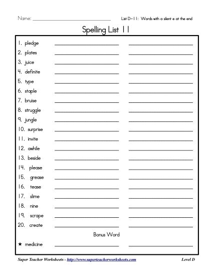 List D-11 - List 11: Word List (Printable PDF Worksheet)