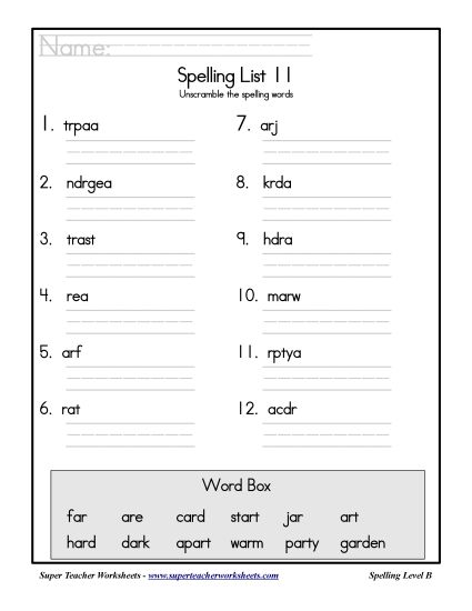List B-11 - List 11: Word Scramble (Printable PDF Worksheet)