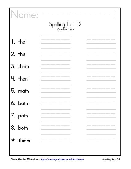 List A-12 - List 12: Word List (Printable PDF Worksheet)