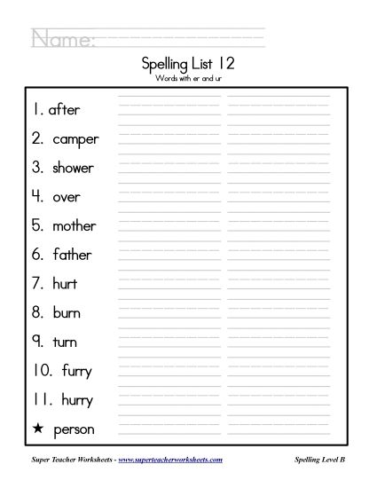 List B-12 - List 12: Word List (Printable PDF Worksheet)