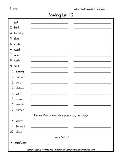 List C-12 - List 12: Word List (Printable PDF Worksheet)