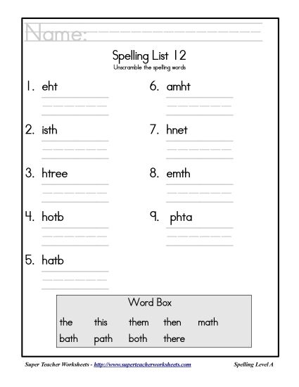 List A-12 - List 12: Word Scramble (Printable PDF Worksheet)