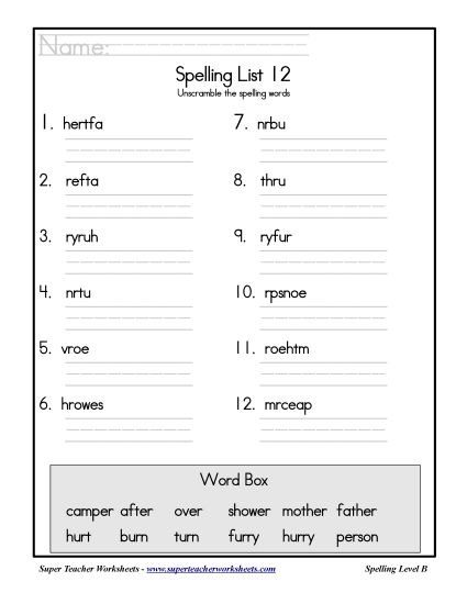List B-12 - List 12: Word Scramble (Printable PDF Worksheet)
