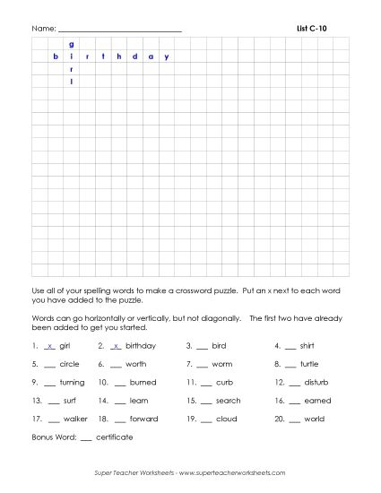 List C-12 - List 12:&nbsp; Make a Crossword (Printable PDF Worksheet)