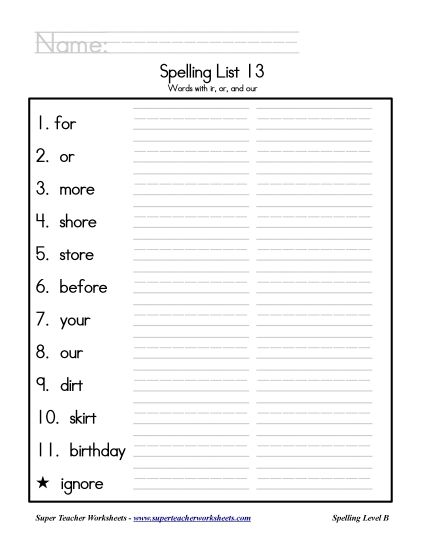 List B-13 - List 13: Word List (Printable PDF Worksheet)