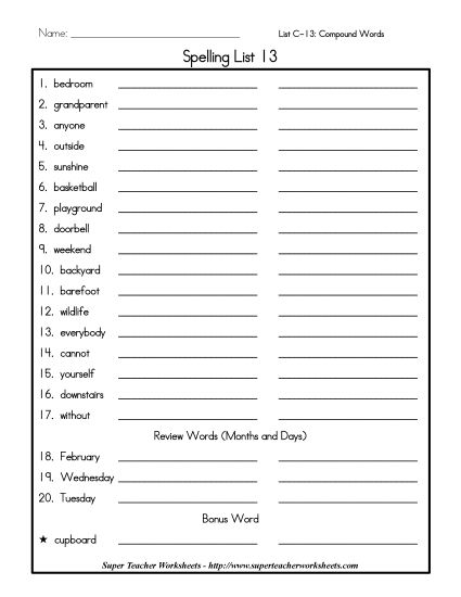 List C-13 - List 13: Word List (Printable PDF Worksheet)