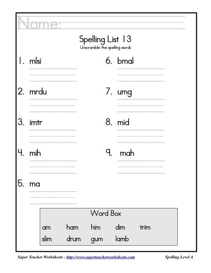 List A-13 - List 13: Word Scramble (Printable PDF Worksheet)