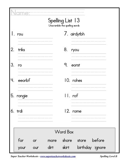 List B-13 - List 13: Word Scramble (Printable PDF Worksheet)