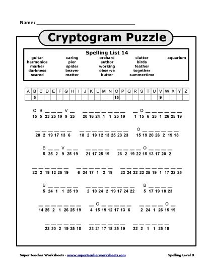 List D-14 - List 14: Cryptogram Puzzle (Printable PDF Worksheet)